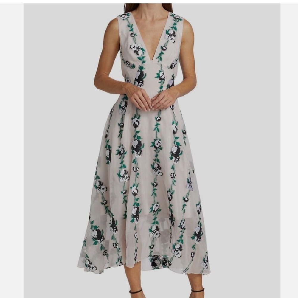 NWT $1890 Lela Rose Women's Pink Silk Floral V-Neck Sleeveless A-Line Dress, 14